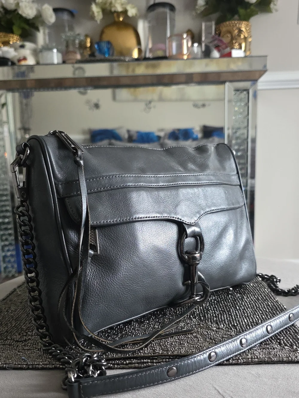 Rebecca Minkoff Black Leather Messenger Bag with Gunmetal Hardware